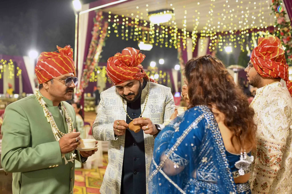 Guests are enjoying delicious food served by the best veg caterers in Sonbhadra during a wedding celebration.