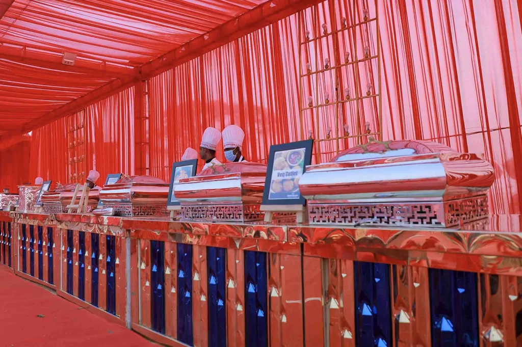 “Buffet counter with vegetarian dishes beautifully arranged”