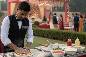 Best veg caterers in Sonbhadra preparing live pizza counter for wedding catering services.